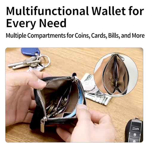 Coin Pouch for Men Women Leather Mini Wallet Keychain Change Pouch Small Zipper Wallet Card Holder with Dual Keyrings Compact Leather Purse for Keys Coins and Essentials (Black)3