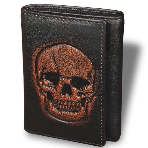 Image of DK86 Skull Trifold Wallets for Men Full Grain Leather with Hand Burnished Tri-Fold Wallet RFID Blocking (Black and Brown: Style A)