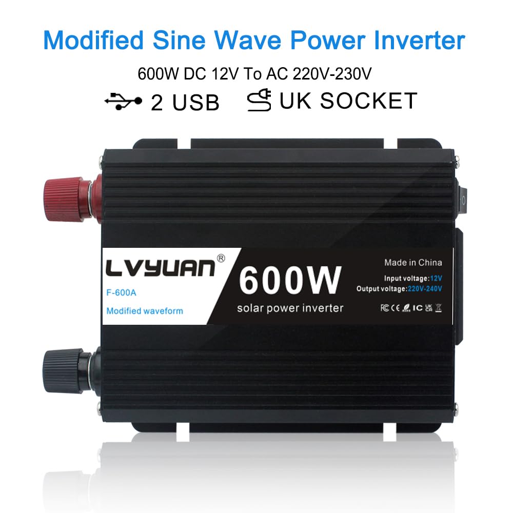 Inversor de corriente de 600 W CC 12 V a CA 230 V 240 V 3 en 1 cargador de coche encendedor de cigarrillos + enchufe de CA + dos puertos de carga USB convertidor de voltaje