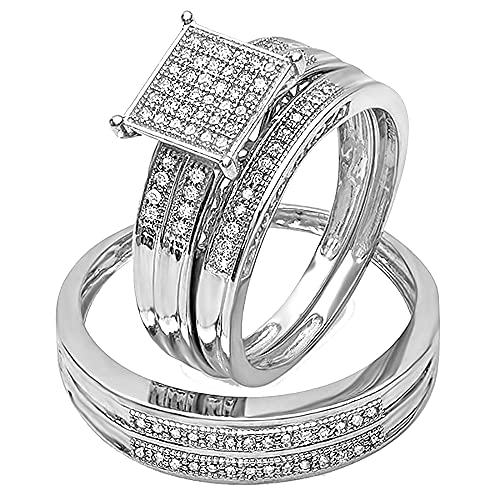 Dazzlingrock Collection 0.27 Carat (ctw) Round White Diamond Matching Square Head Men's & Women's Engagement Trio Bridal Rings Set 1/4 CT | 925 Sterling Silver, Womens size 7 and Mens size 13