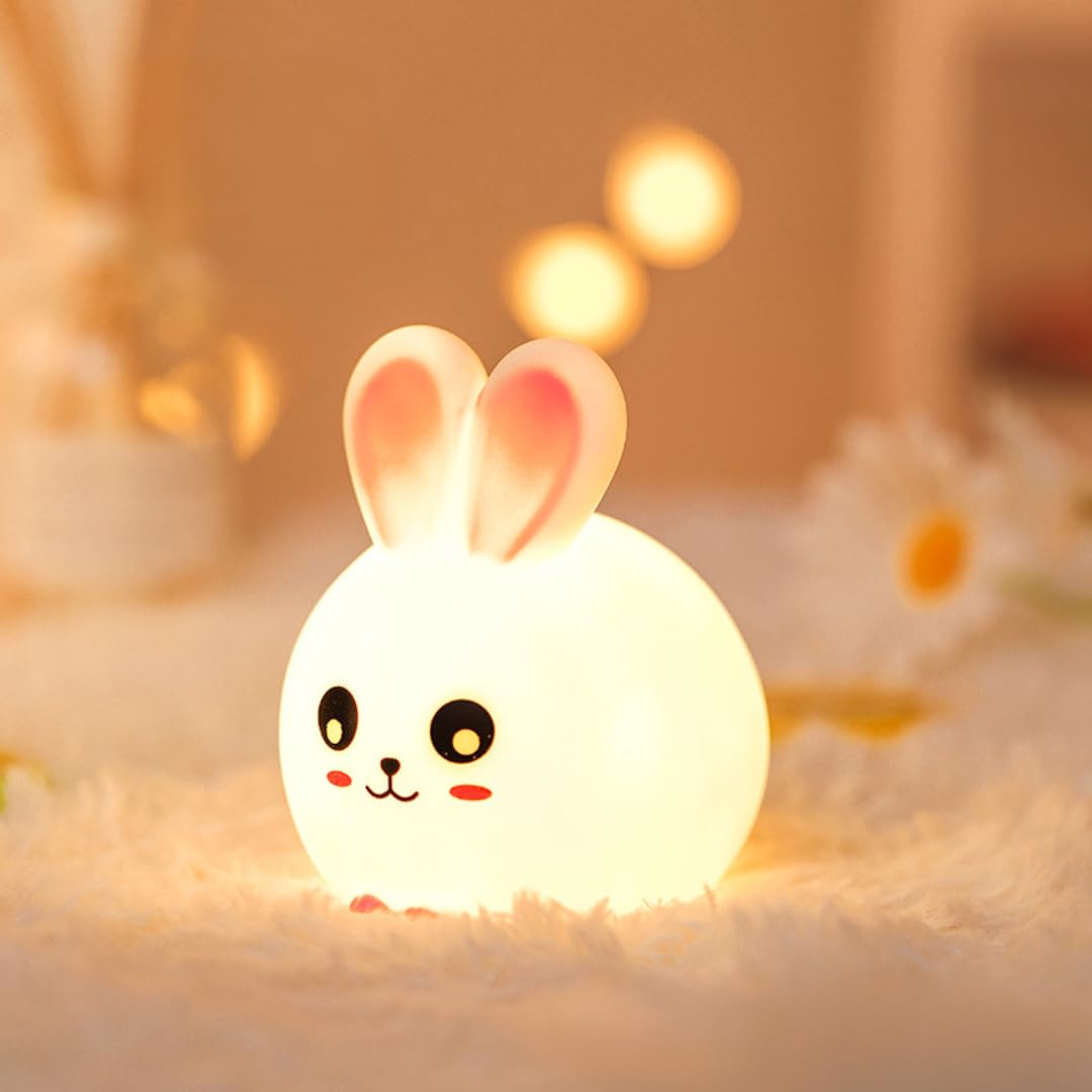 RAVEZON Luz Nocturna Infantil de Conejito - Lampara Bebe Noche Niños - Luz Quitamiedos Bebe para la Cama - Luz Bebe Nocturna a Pilas para Regalo de Cumpleaños y navidad