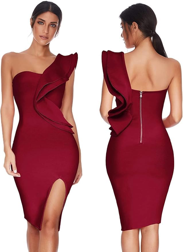 Image of One Shoulder Ruffle Dress Side Split Bodycon Bandage Dress Wedding Guest Dress