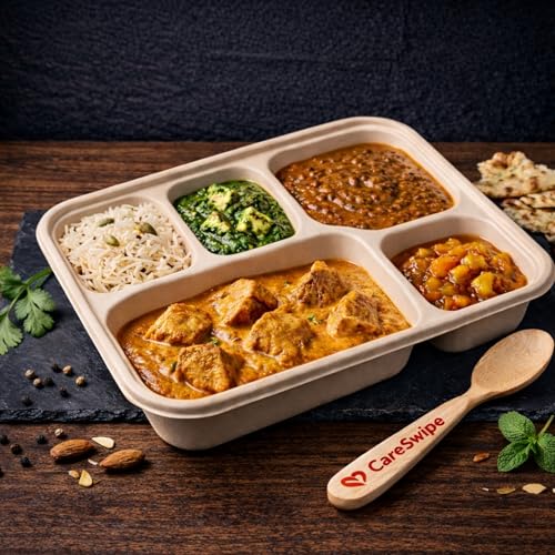 Image of Disposable Paper Plates 5 Compartment Meal Tray Pack of 25 | Eco Friendly Disposable Food Tray | Home Use, Party, Picnic, Restaurant & Catering Use | Leak Proof & Heavy Duty