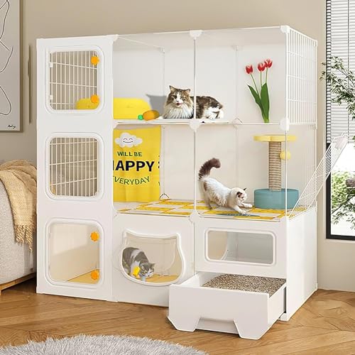 大型猫ケージ屋内、屋内ペットホーム小動物ハウス、囲まれた猫用トイレボックス、猫用ラダー、大容量、階層型デザイン、お手入れ簡単、1〜4匹の猫用(106-46-106cm/48-18-48)