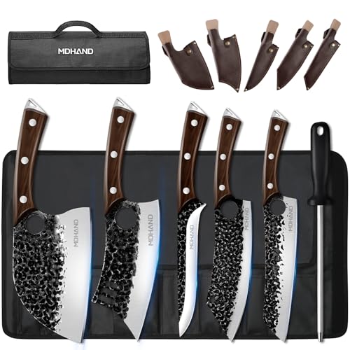 MDHAND Butcher Knife Set, 12PCS Hand Forged Serbian Chef Knife Set with Bag, High Carbon Steel Full Tang Kitchen Knives Set, Meat Cleaver & Boning Knife for Brisket Trimming BBQ Camping, Gift for Men