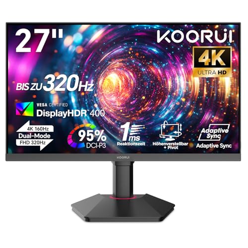 KOORUI Gaming Monitor 27 Zoll, Dual-Mode 4K UHD (3840x2160) 160Hz / FHD 320Hz PC Bildschirm, HDR400, Fast IPS, Adaptive Sync | HDMI 2.1, DP 1.4 | Pip/PBP | VESA 75x75mm, Höhenverstellbarer-G2741L
