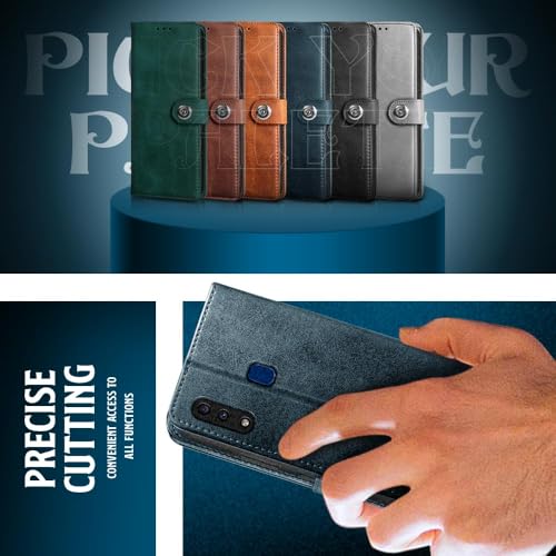 Image of WOW IMAGINE Shock Proof Flip Cover Back Case for Samsung Galaxy A20 | A30 | M10s (Magnetic Button Flip Case | Wallet Pockets & Stand | Leather Finish | Oxford Blue)