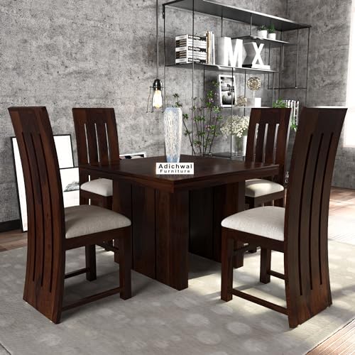 Image of Solid Sheesham Wood 4 Seater Dining Table Set with Cushioned Chairs for Dining Room | Living Room | Home & Office | Hotels Restaurant & Cafe (4 Seater, Walnut H)