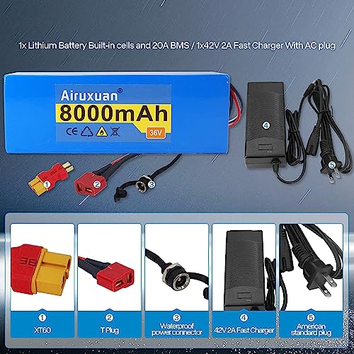 Image of 36V Ebike Battery 8Ah 36V Lithium Battery with 2A Charger, T-Plug, XT60 Connector and BMS for 250-1000W Electric Bicycles Motor /Ebike Kit
