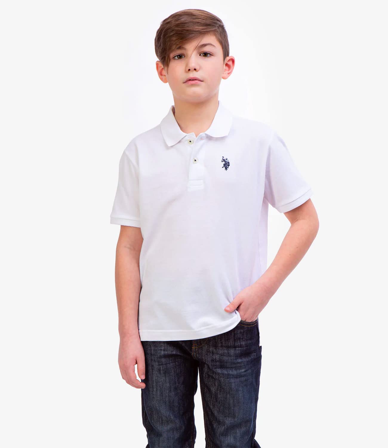 U.S. Polo Assn. Boys' Big Classic Short Sleeve Solid Pique Polo Shirt, New White, 10/12