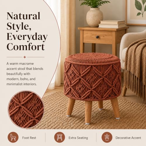 Image of Macrame Ottoman for Living Room | Handcrafted Woven Foot Rest Stool with Solid Wooden Legs | Pouffe for Sitting, Foot Stool for Bedroom & Home Decor | 16x16x18 Inch (Rust)