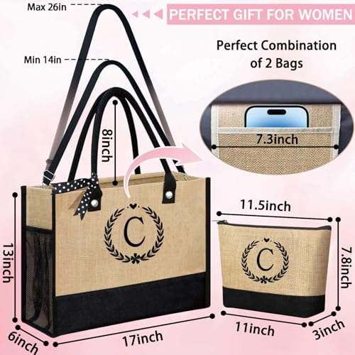 Image of GhvyenntteS Personalized Tote Bags for Women - Initial Jute Tote Bag & Makeup Bag, Birthday Gifts for Women Bridal Wife Mom Grandma Teacher Friend