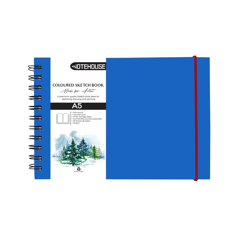 Image of NOTEHOUSE A5 Landscape Spiral Sketchbook (14x21 cm) | 96 Unruled White Thick Pages | Professional Drawing Notebook | Blue Hard Cover Art Book for Artists & Students