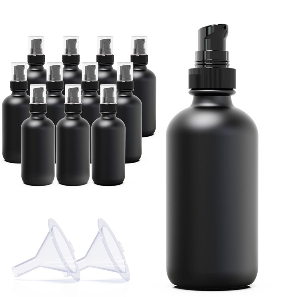 12Pack 120ml Matte Black Glass Pump Bottle with Black Pump Dispenser,4oz Small Dispenser, Travel Size Refillable Botttles For Lotions,Sercums,Essential Oils