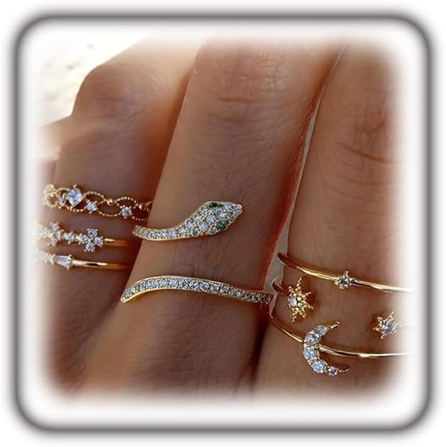 Boho Gold Stackable Ring Sets for Teen Girls,Retro Rhinestone Snake Moon Star Finger Rings Set,Knuckle Rings Trendy Stuff for Women Gold Silver Rings Set