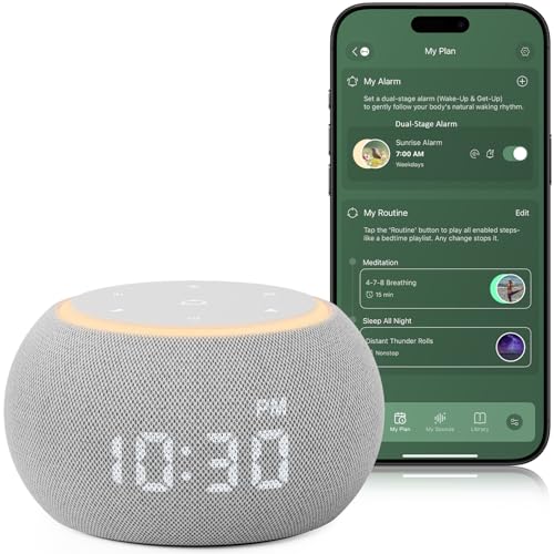 Hotmoon Alarm Clock with Sound Machine for Sleep, Luna Pro Dual-Stage Alarm, 507 Relaxing Sounds, Smart Night Light & Timer, Pink Green Brown White No