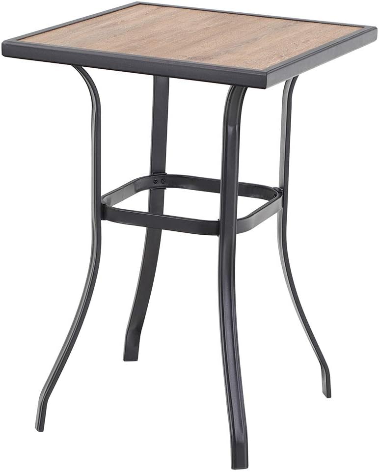 PHI VILLA Patio Bar Table, Outdoor Bar Height Bistro Table with Wooden-Like Table Top & Metal Frame, Brown