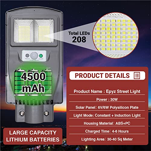 Image of Epyz 30Watt Grey Solar Street Light Outdoor with Remote, 208 Led Motion Sensor and Dusk to Dawn for Garden, Street, Lawn, Patios and Pathways [ with Out Pole ] [ Pack of 1, Cold White]