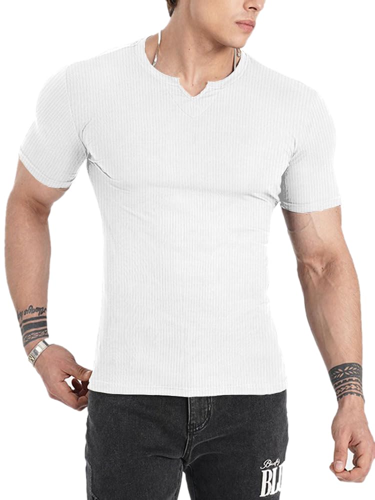 Muscle Cmdr Men's Henley Long&Short Sleeve T-Shirt Slim Fit V Neck Shirts Stretch Tee Casual Underwear Athletic Medium Weight Medium 1-white-short