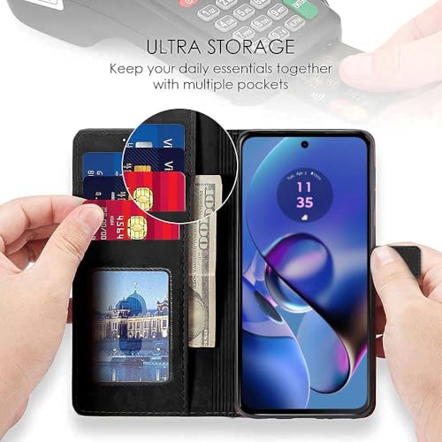 Image of WOW IMAGINE Shock Proof Flip Cover Back Case Cover for Motorola Moto G54 5G | Moto G64 5G (Flexible | Leather Finish | Card Pockets Wallet & Stand | Black)