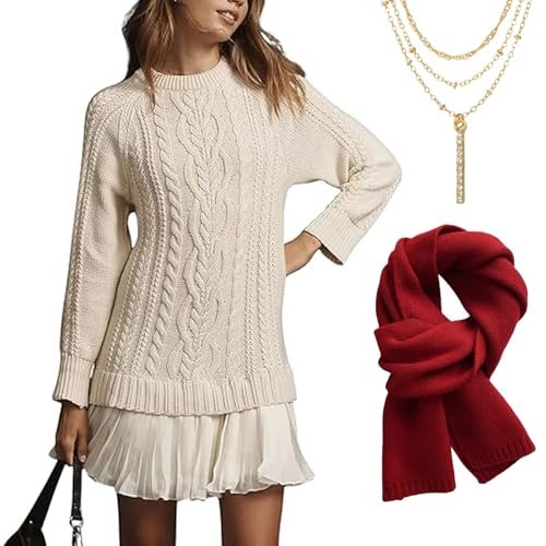 2026 New Thebeautynorth Women Crewneck Cable Knit Sweater Mini Dress, Christmas Sweater Skirt for Women