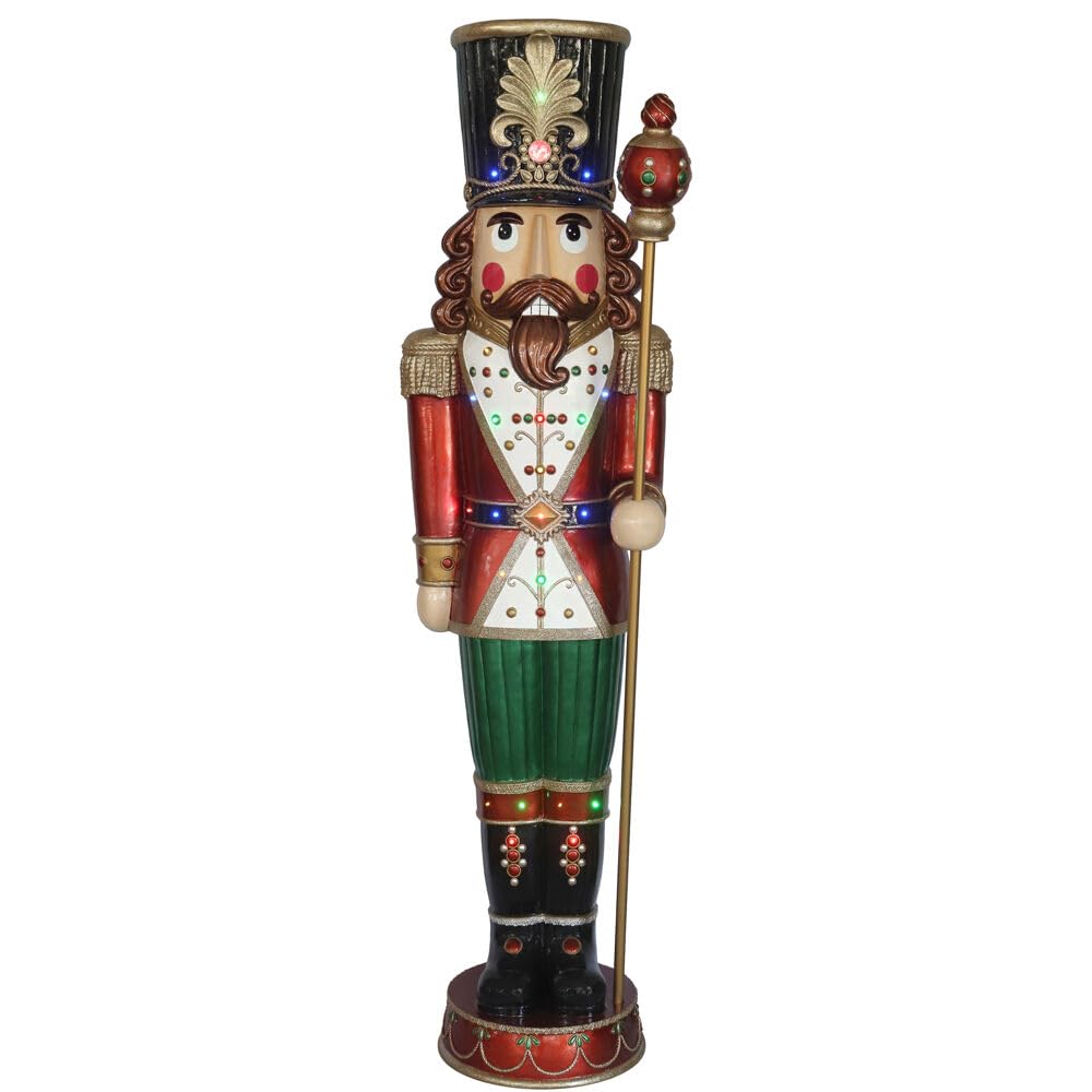 Fraser Hill Farm Resin Nutcracker Figurine Holding Staff with Built-in Multicolor LED Lights and Standing 76 Inches Tall, Indoor/Outdoor Christmas Holiday Decoration for Living Room, Porch, Yard