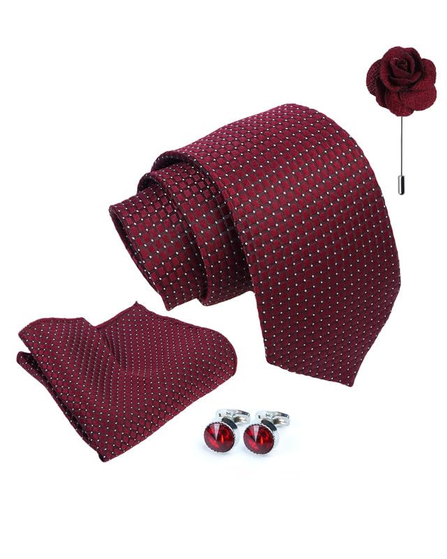 axlon Wine Micro Dotted Tie For Men – Formal Ties Set With Pocket Square, Cufflink & Flower Pin With Gift Box For Mens (AXRD_82)-picture-36