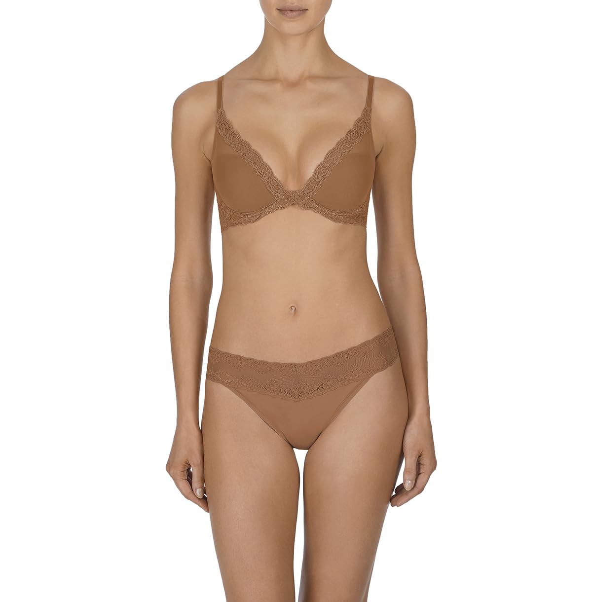 Natori Women's Feathers Lace Plunge T-Shirt Bra showcasing its smooth cups and subtle lace detailing.