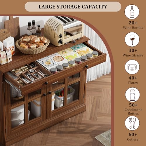 GarveeHome 35.4" Sideboard Buffet Cabinets with Glass Door, Buffet Cabinet with Storage, Walnut Sideboard Cabinet with Drawer, Modern Buffets & Sideboards for Dining Room, Kitchen