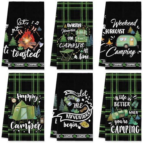 Redbaker 6 Pcs Camping Kitchen Towels Bonfire Tent Car Dishcloth Outdoors Happy Camper Hand Tea Towels Decorative Set Absorbent Camping Decor with Hanging Loop for Camper Gifts RV Accessories(Black)