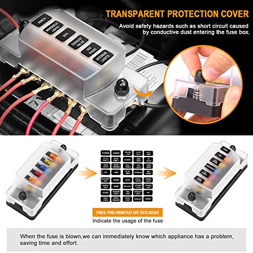 Electop 6 Way Fuse Block Blade Fuse Box With Negative Bus, 6 Circuit Fuse Holder Fuse Block W/Negative Bus, Waterproof Protection Cover Sticker Labels For 12V/24V Automotive Car Truck Boat Marine Rv #TOP5
