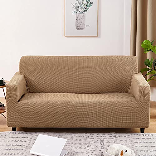 Confis ソファーカバー 1人掛け 肘付き ソファー保護カバー おしゃれ 北欧風 ストレッチ 伸縮素材 洗える オールシーズン 無地 キズ防止 防塵 一体型 肘なし兼用 ライトブラウン