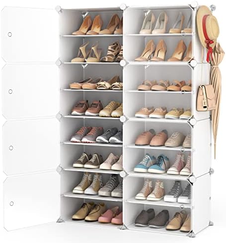 LANTEFUL Shoe Rack Organizer Shoe Storage Cabinet 8 Tiers 32 Pair Portable Shoe Storage Sturdy Plastic White Shoe Shelf with Hooks Shoe Rack with Door for Entryway, Bedroom and Hallway