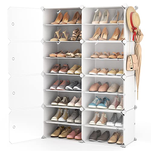 LANTEFUL 10 Tier Shoe Storage Cabinet with Door, Portable Narrow Organizer Rack for 20 Pairs, White Plastic with Hooks for Entryway or Bedroom