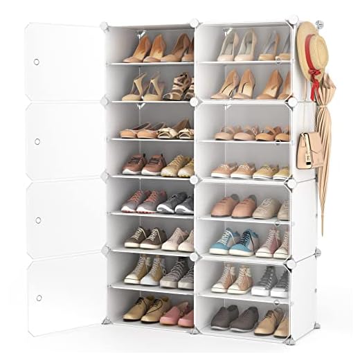 LANTEFUL Shoe Rack Organizer Shoe Storage Cabinet 8 Tiers 32 Pair Portable Shoe Storage Sturdy Plastic White Shoe Shelf with Hooks Shoe Rack with Door for Entryway, Bedroom and Hallway