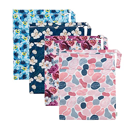 Image of Babygoal Wet Dry Bags for Baby Cloth Diapers, Washable Travel Bags, Beach, Pool, Gym Bag for Swimsuits & Wet Clothes with Two Zippered Pockets 4 Pack, 4LN14