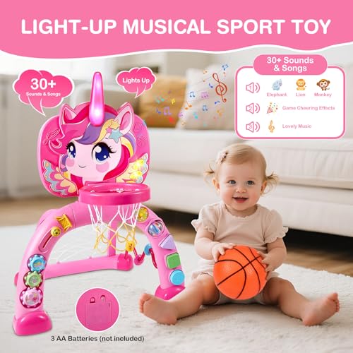 Image of DRAMATION Toddler Basketball Hoop & Soccer Goal & Ring Toss, Unicorn Baby Basketball Hoop Indoor for Kids 1-3 with Lights and 30+ Sounds, Christmas Birthday Gift Toy for Girls 1 2 3 Years Old