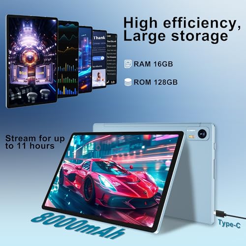 Image of Androind 14 Tablet, 10.1 Inch Tablet, 16GB RAM 128GB ROM 1TB Expand, 8000mAh Battery, 10.1 Inch Octa-Core with 13MP+8MP Camera /Bluetooth /GPS /WiFi /HD Display, Light Blue.