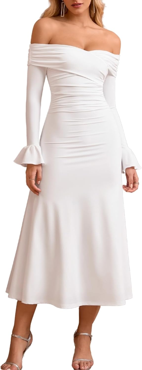 Off Shoulder Long Sleeve Ruched Midi A Line Wedding Guest Dress Elegant Cocktail Party Dress