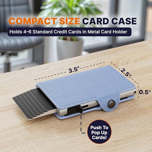 Image of Conceal Plus Small RFID Pop Up Wallet for Women | Slim Minimalist Metal Card Holder 4-6 Card Capacity | Compact Travel Wallet with RFID Blocking Security | Saffiano Sky Blue