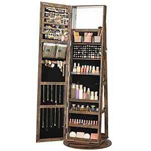 SONGMICS 360° Swivel Jewelry Cabinet, Lockable Organizer with Full-Length Built-in Small Mirror, Rear Storage Shelves, Armoire, for Women, Rustic Brown UJJC006X01