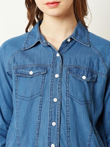 Image of Miss Chase Women's Polo Neck Full Sleeves Patch Pocket Denim Overcoat Knee-Length Jacket