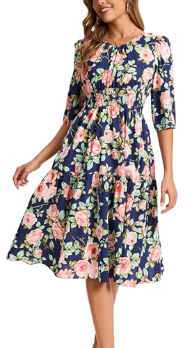 Image of Kormei Women Casual Boho Floral Round Neck 3 /4 Sleeve Smocked Waist Tiered A Line Flowy Swing Midi Dress Long Dresses