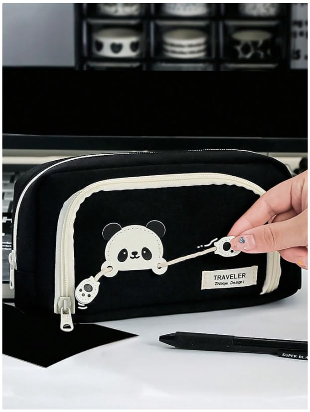 Image of Invite Enterprise Canvas Panda Themed Pencil Case With Super Large Capacity Cute Pencil Box - Aesthetic School Supplies Big Stationery Bag Zipper Pencil Pouch For Girls & Boys (Black Color)