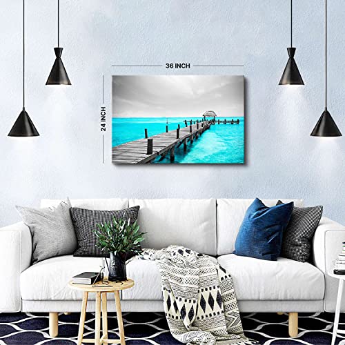 Image of Teal Blue Ocean Beach Wall Art Tropical Black and White Coastal Canvas Decor 24x36 inch Grey Mexico Cancun Bridge Seascape Prints Pictures Modern Artwork for Living Room Bedroom Bathroom Home Decoration