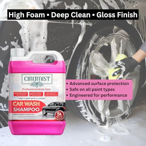 Image of Ciramist Premium Car Wash Shampoo - High Foam Cannon Soap & Wax Safe Detailing Formula - pH Balanced, Streak-Free, Hyper-Concentrated Foam for Scratch-Free Car Cleaning 5LTR
