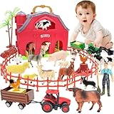 Farm Animals Big Red Barn Toy for 1 2 3 4 5 Years Old Toddlers, Kids Farm Figures Fence Playset with Tractor, Preschool Montessori Learning Toys, Christmas Birthday Easter Gift for Boys Girls
