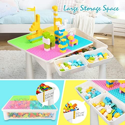 AMOSTING Kids Activity Height Adjustable Table and 2 Chair Set.Include 100Pcs Large Size Blocks Compatible with Big Blocks.Durable Plastic Toy Storage for Kids.