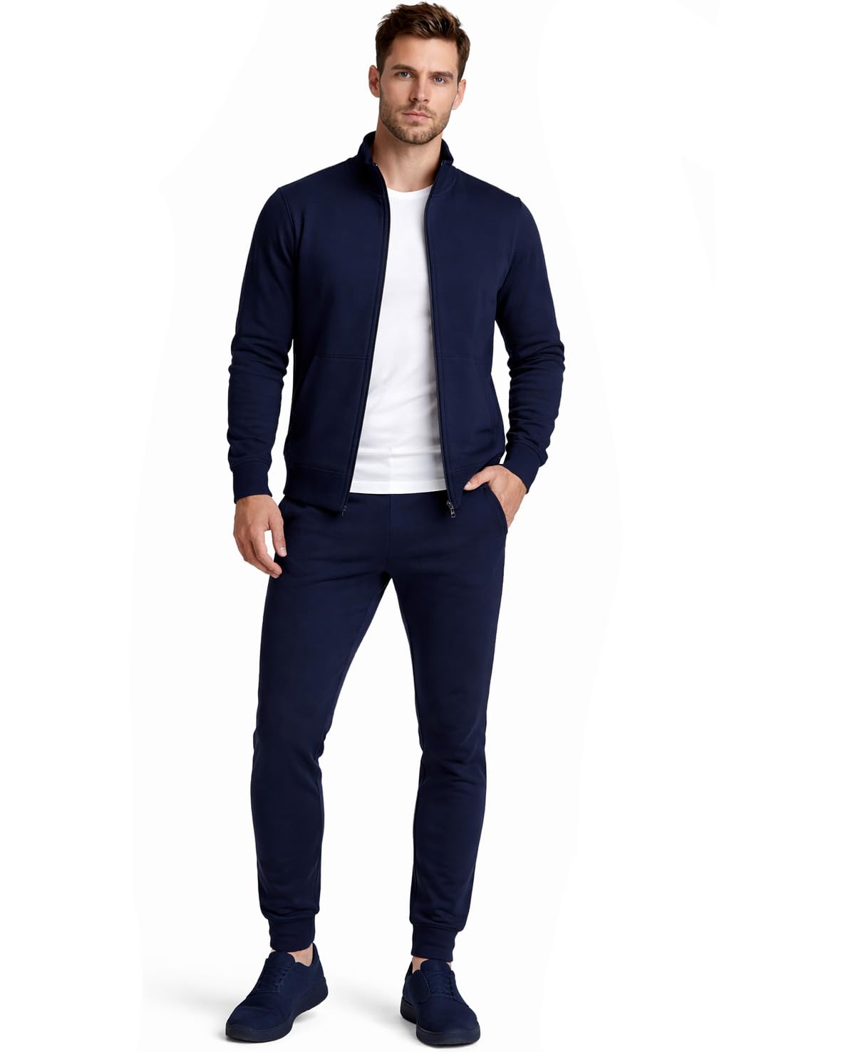 Vancouver Tuta Uomo Cotone Garzato Leggero Made in Italy – Completo Sportivo con Zip, Tasche e Coulisse – Blu Nero