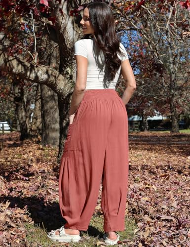 Image of TARSE Women's Linen Wide Leg Pants Baggy High Waist Palazzo Pants | Barrel Leg Fit, Harem Patch Pockets, Loose Casual Style, Breathable Fabric, Vacation Ready